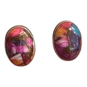 Sterling Silver .5" Dahlia Composite Stone Oval Stud Earrings 925